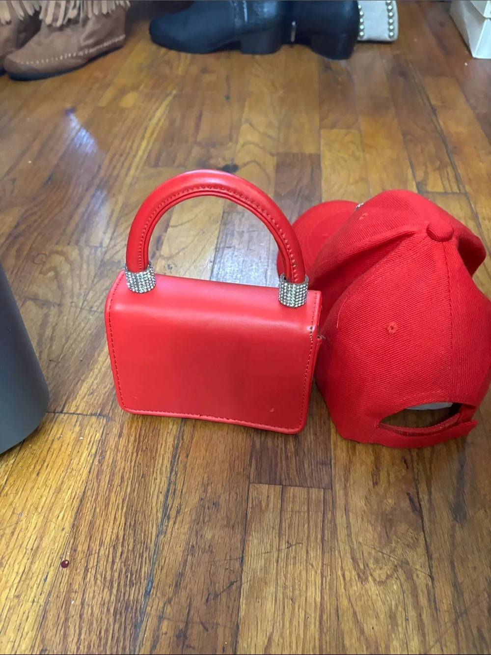 Kids Red LA Rhinestone Baseball Cap and Mini Handbag Set
